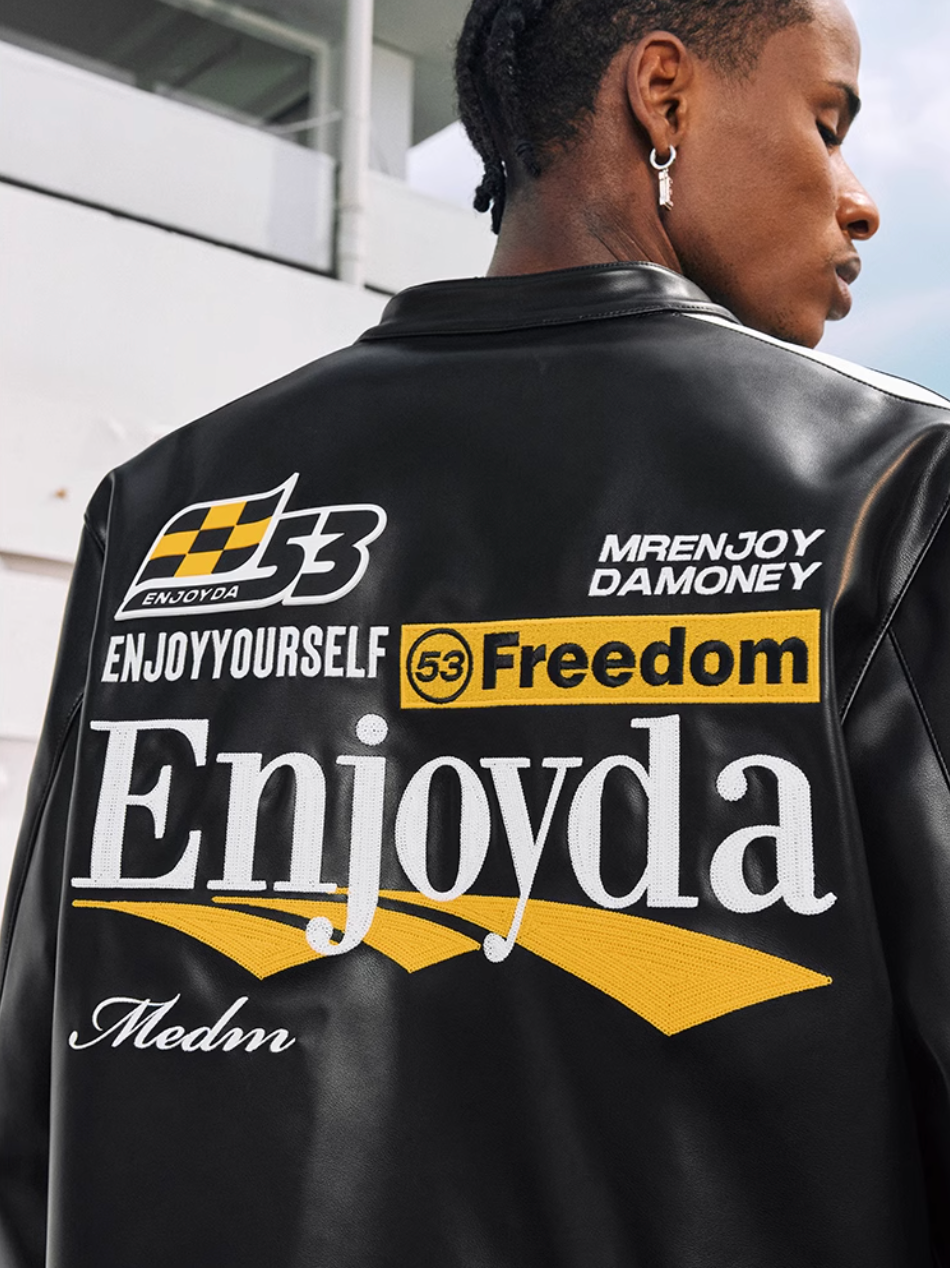 MEDM Striped Embroidered PU Leather Single Rider Jacket