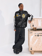 MEDM Striped Embroidered PU Leather Single Rider Jacket