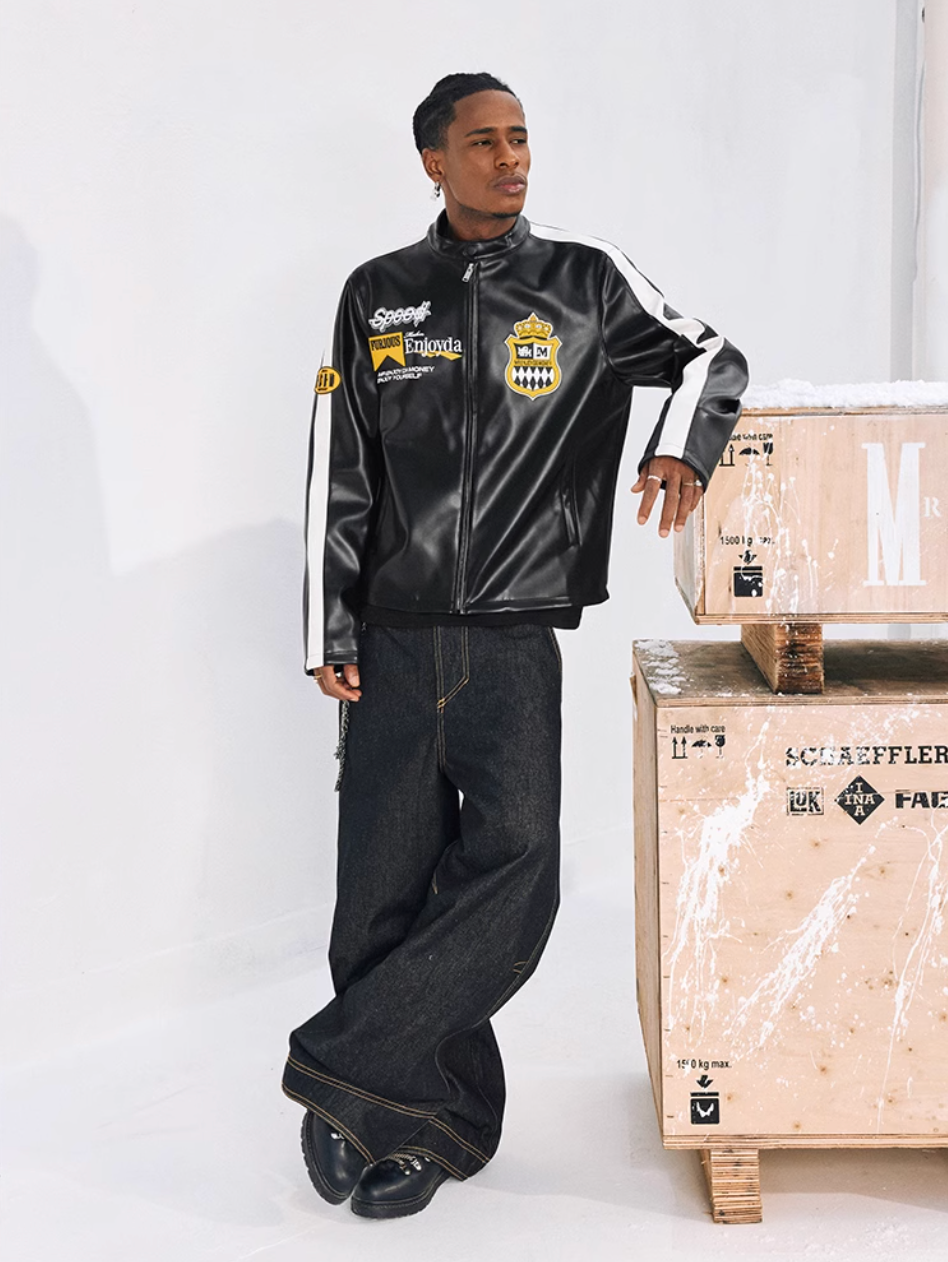 MEDM Striped Embroidered PU Leather Single Rider Jacket