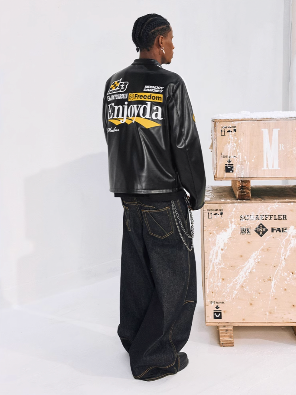 MEDM Striped Embroidered PU Leather Single Rider Jacket