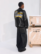 MEDM Striped Embroidered PU Leather Single Rider Jacket