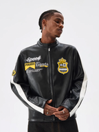 MEDM Striped Embroidered PU Leather Single Rider Jacket