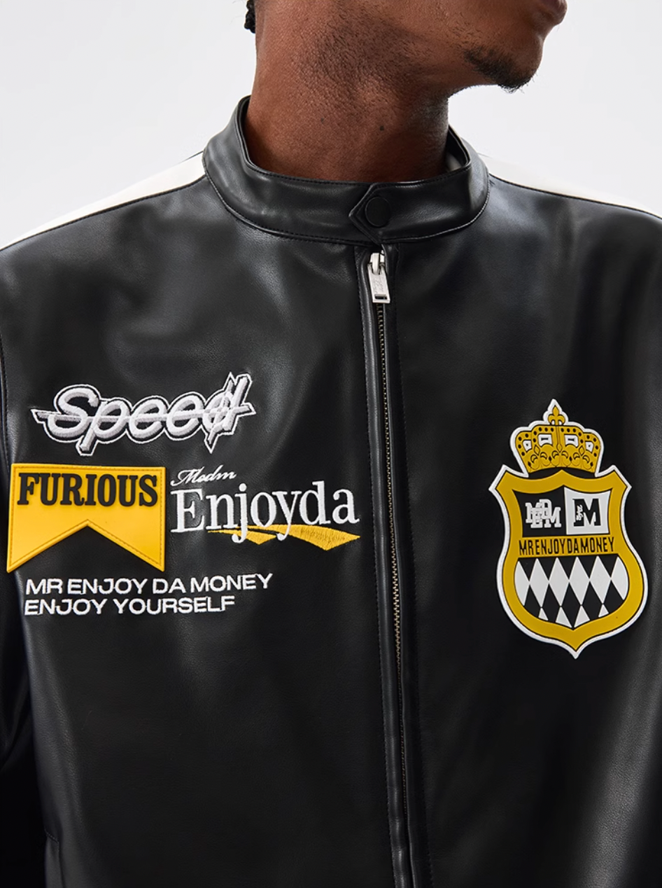 MEDM Striped Embroidered PU Leather Single Rider Jacket