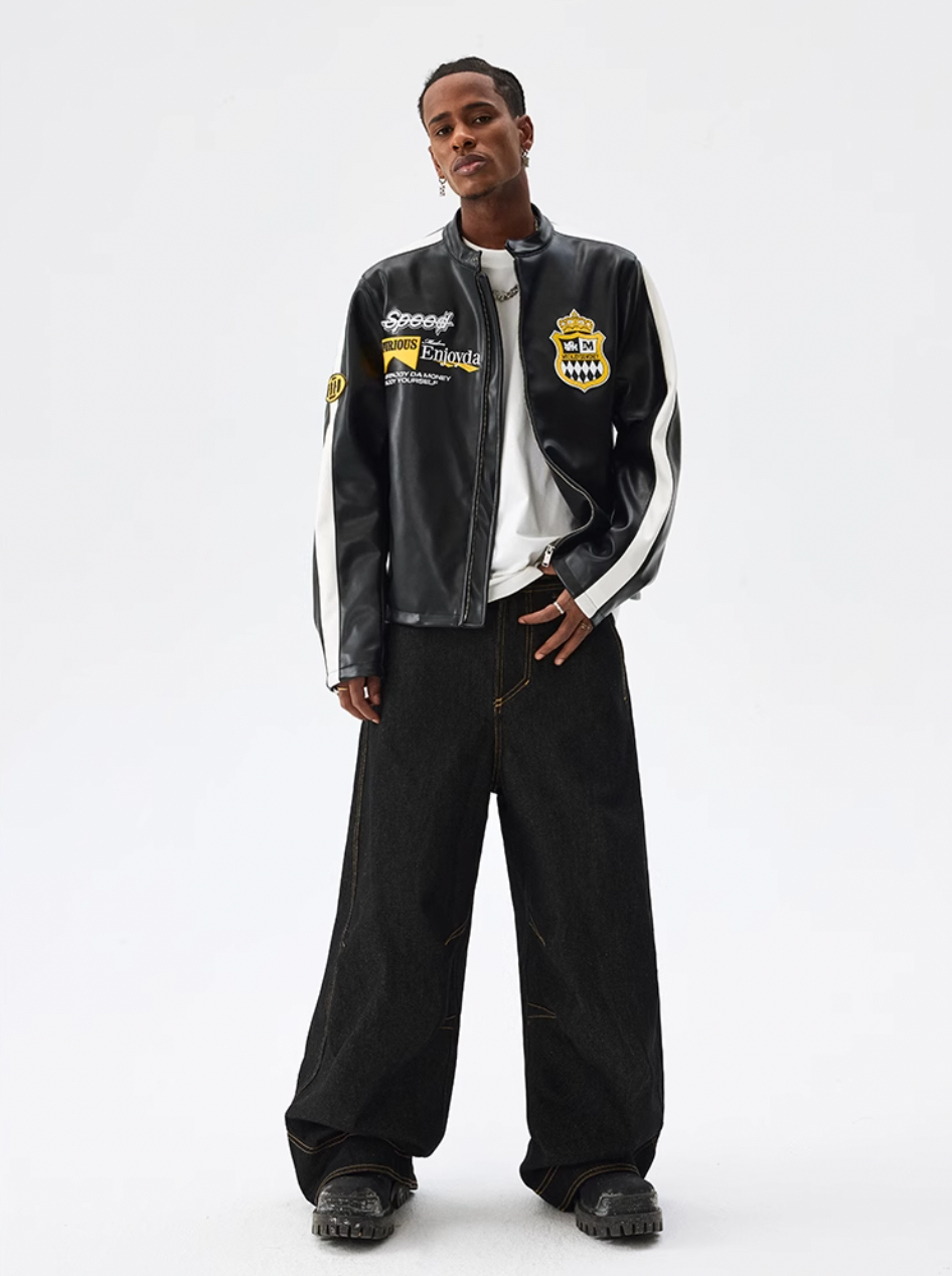 MEDM Striped Embroidered PU Leather Single Rider Jacket