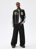 MEDM Striped Embroidered PU Leather Single Rider Jacket
