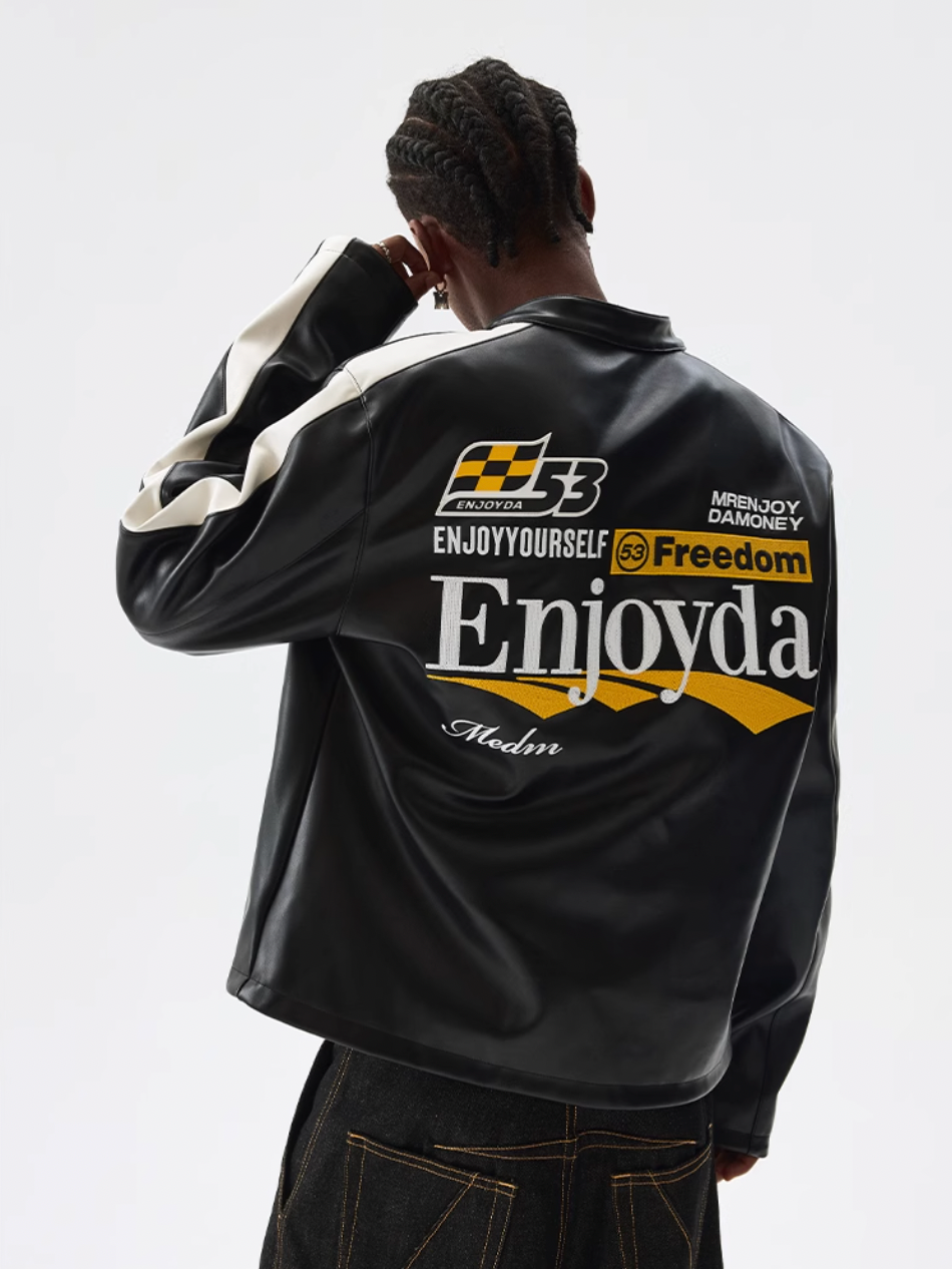 MEDM Striped Embroidered PU Leather Single Rider Jacket