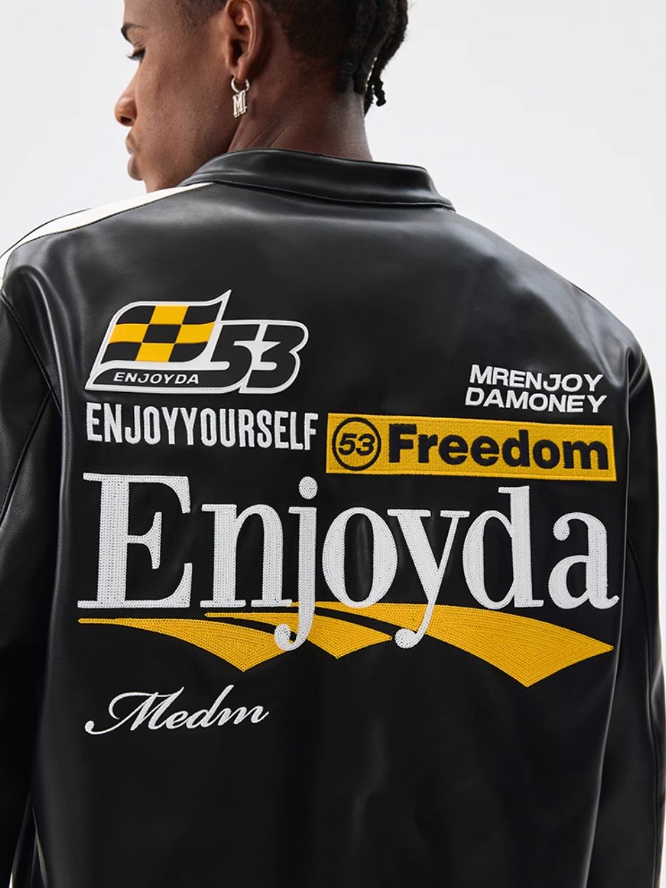 MEDM Striped Embroidered PU Leather Single Rider Jacket