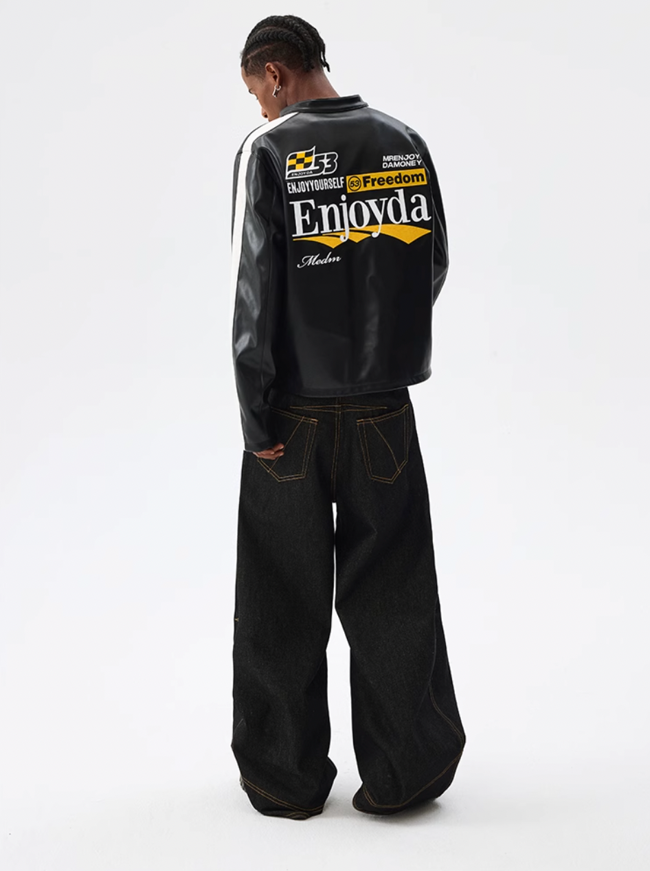 MEDM Striped Embroidered PU Leather Single Rider Jacket