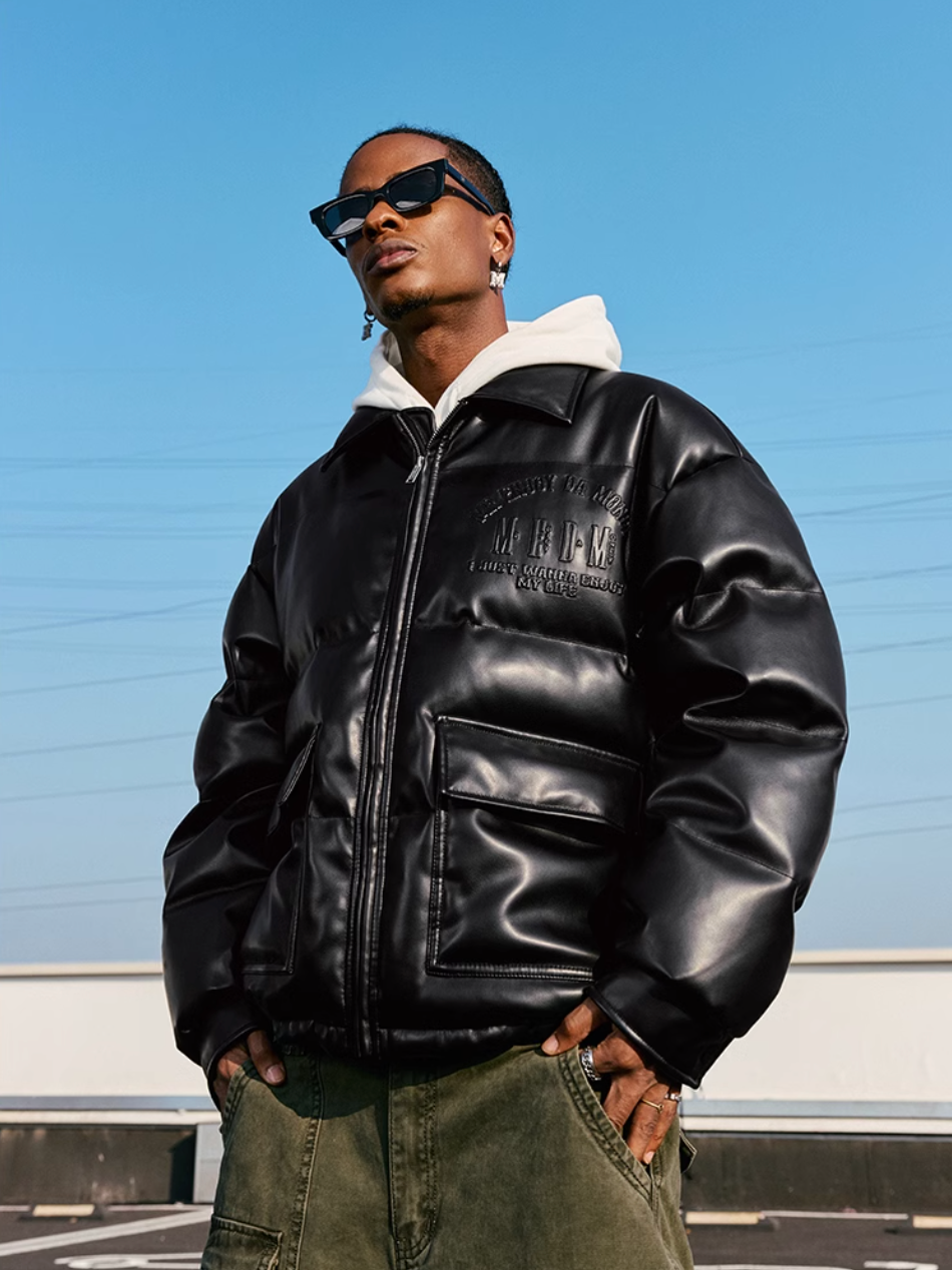 MEDM Embossed LOGO Leather Down Jacket