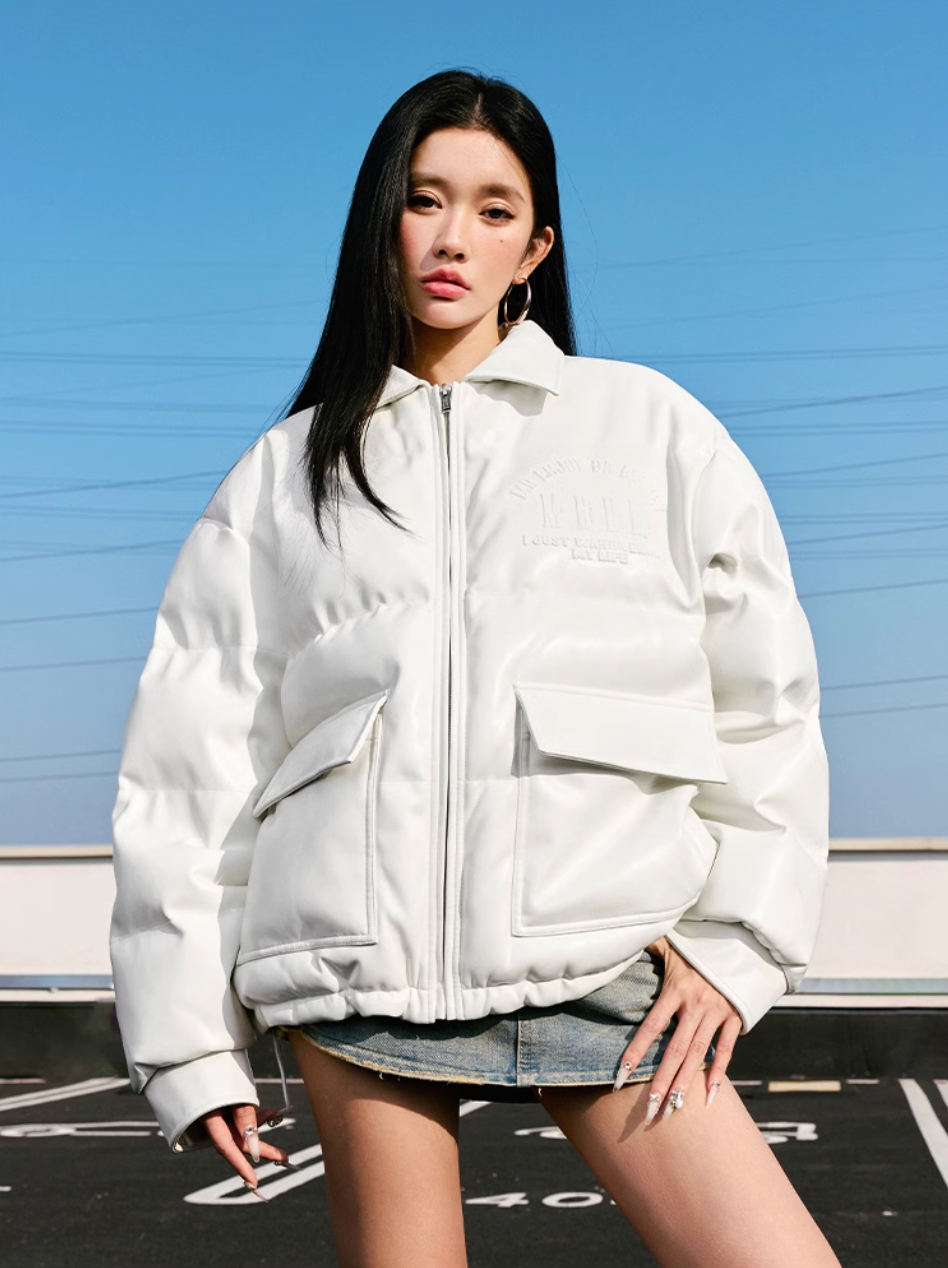 MEDM Embossed LOGO Leather Down Jacket