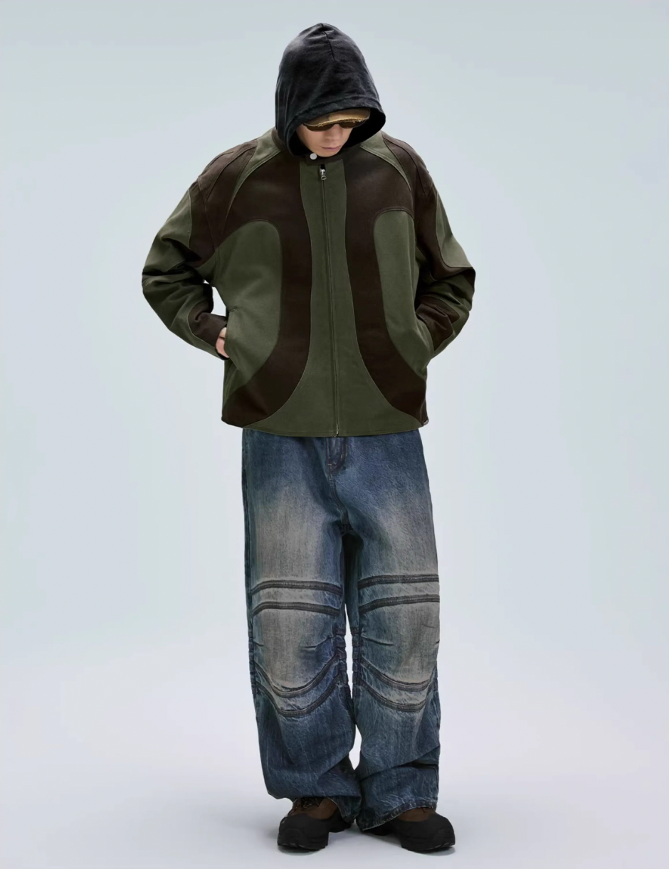 F2CE Deconstructed Stitching Contrast Color Rider Jacket