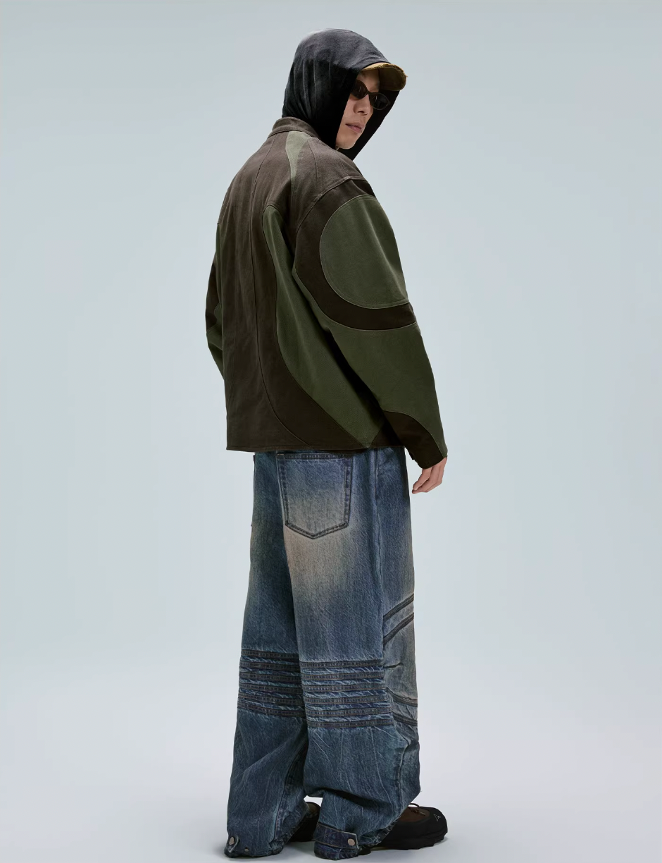 F2CE Deconstructed Stitching Contrast Color Rider Jacket
