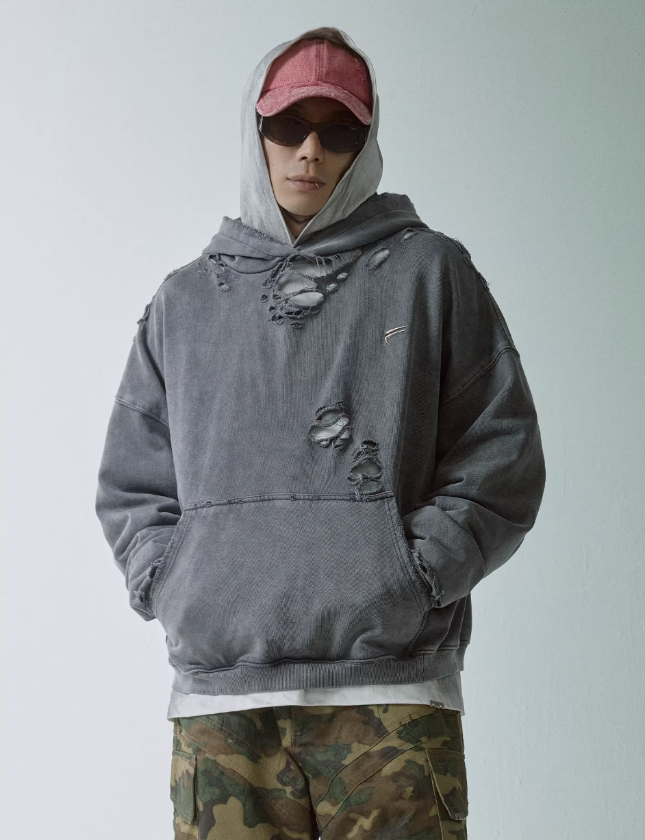 F2CE Washed Destruction Metal Logo Hoodie