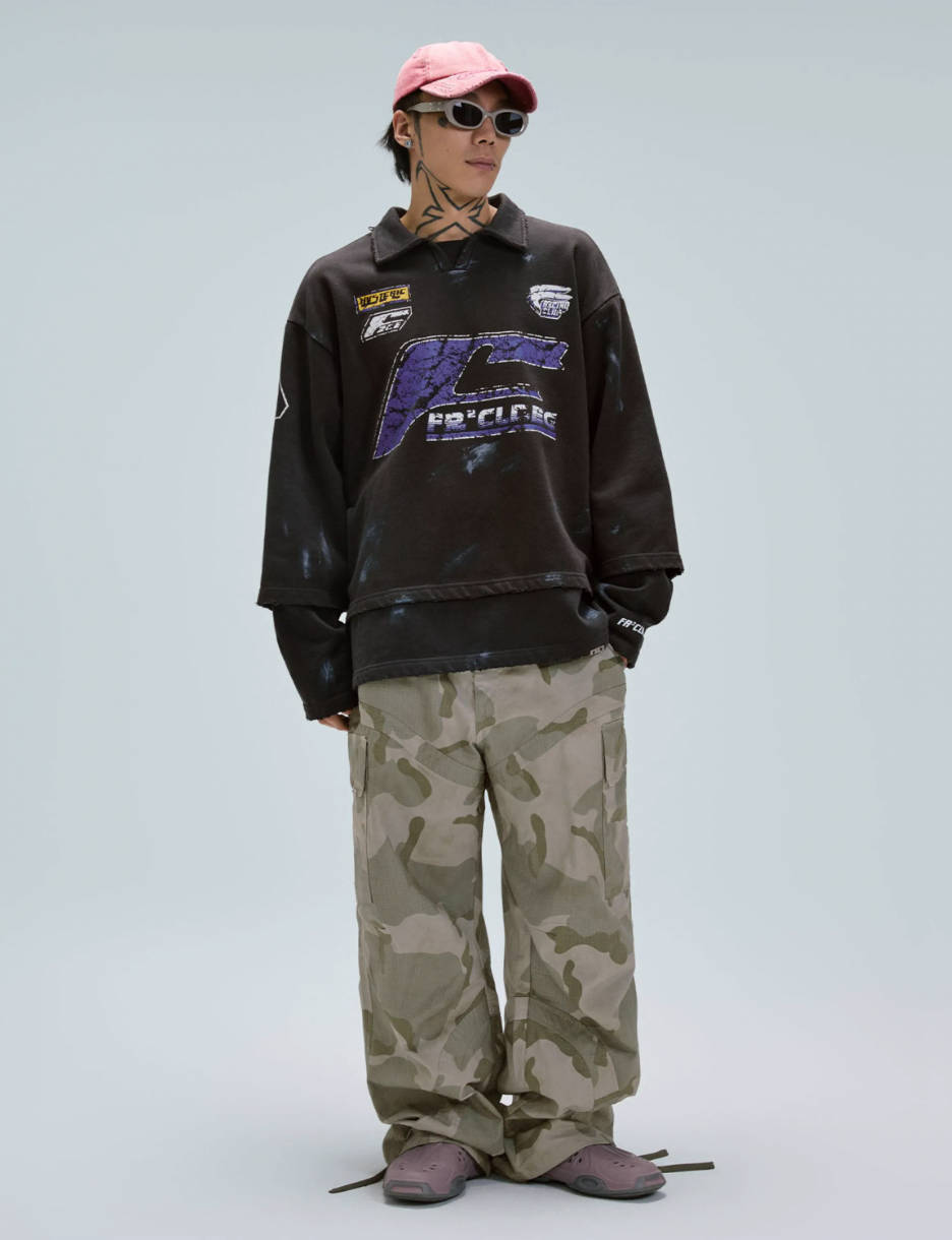 F2CE Fake Two Piece Frayed Overlay Racing Polo Sweatshirt