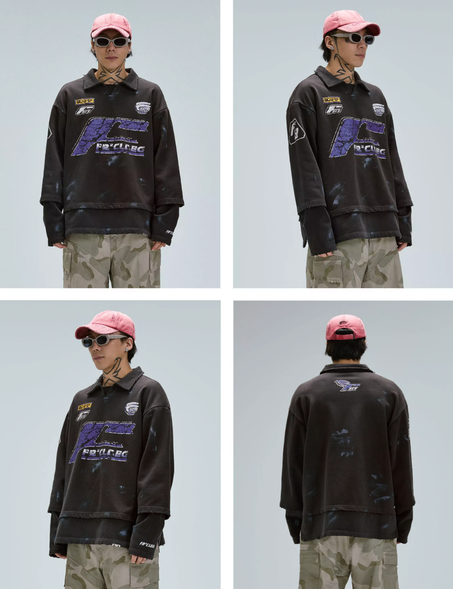 F2CE Fake Two Piece Frayed Overlay Racing Polo Sweatshirt