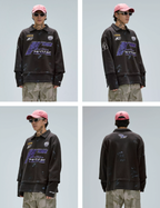 F2CE Fake Two Piece Frayed Overlay Racing Polo Sweatshirt