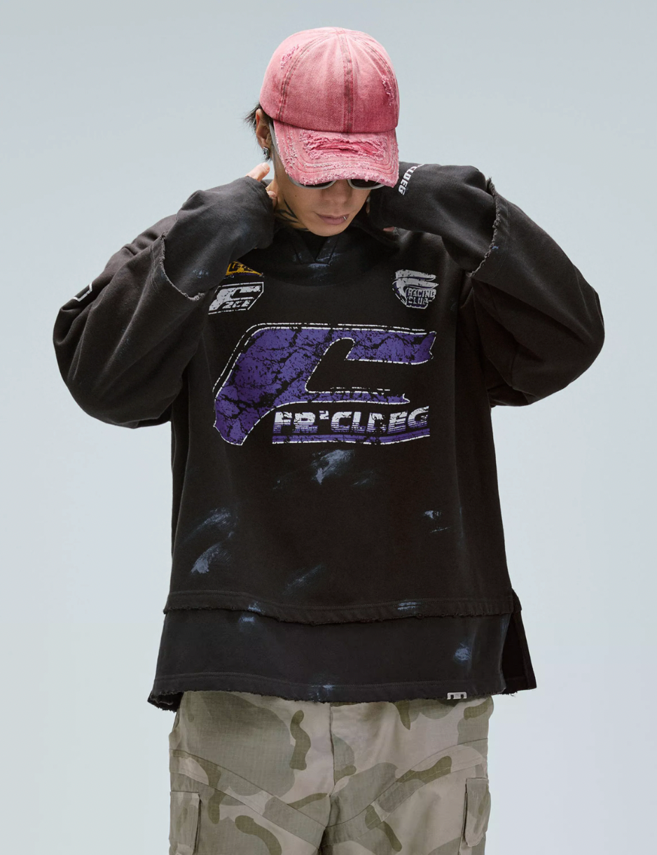 F2CE Fake Two Piece Frayed Overlay Racing Polo Sweatshirt
