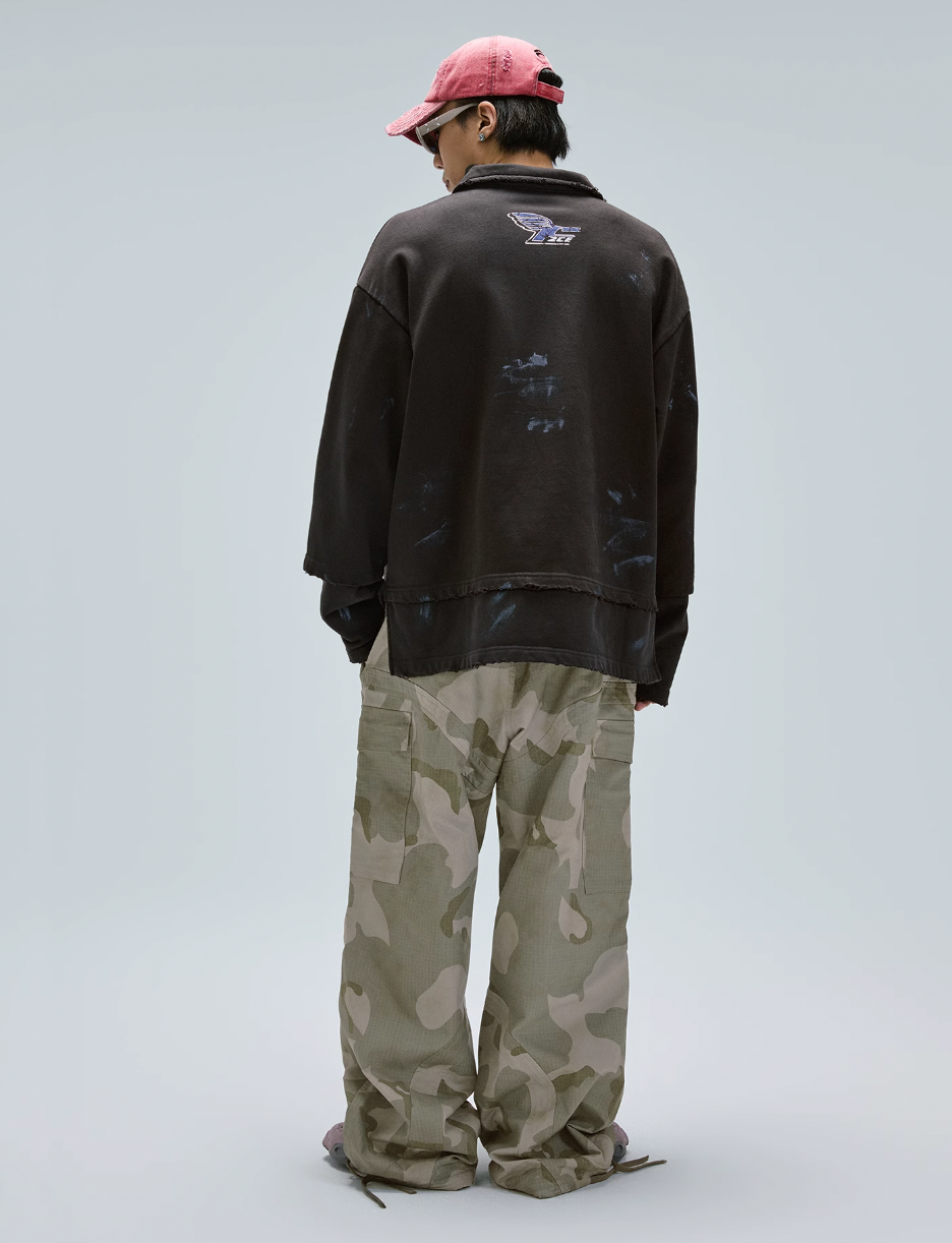 F2CE Fake Two Piece Frayed Overlay Racing Polo Sweatshirt