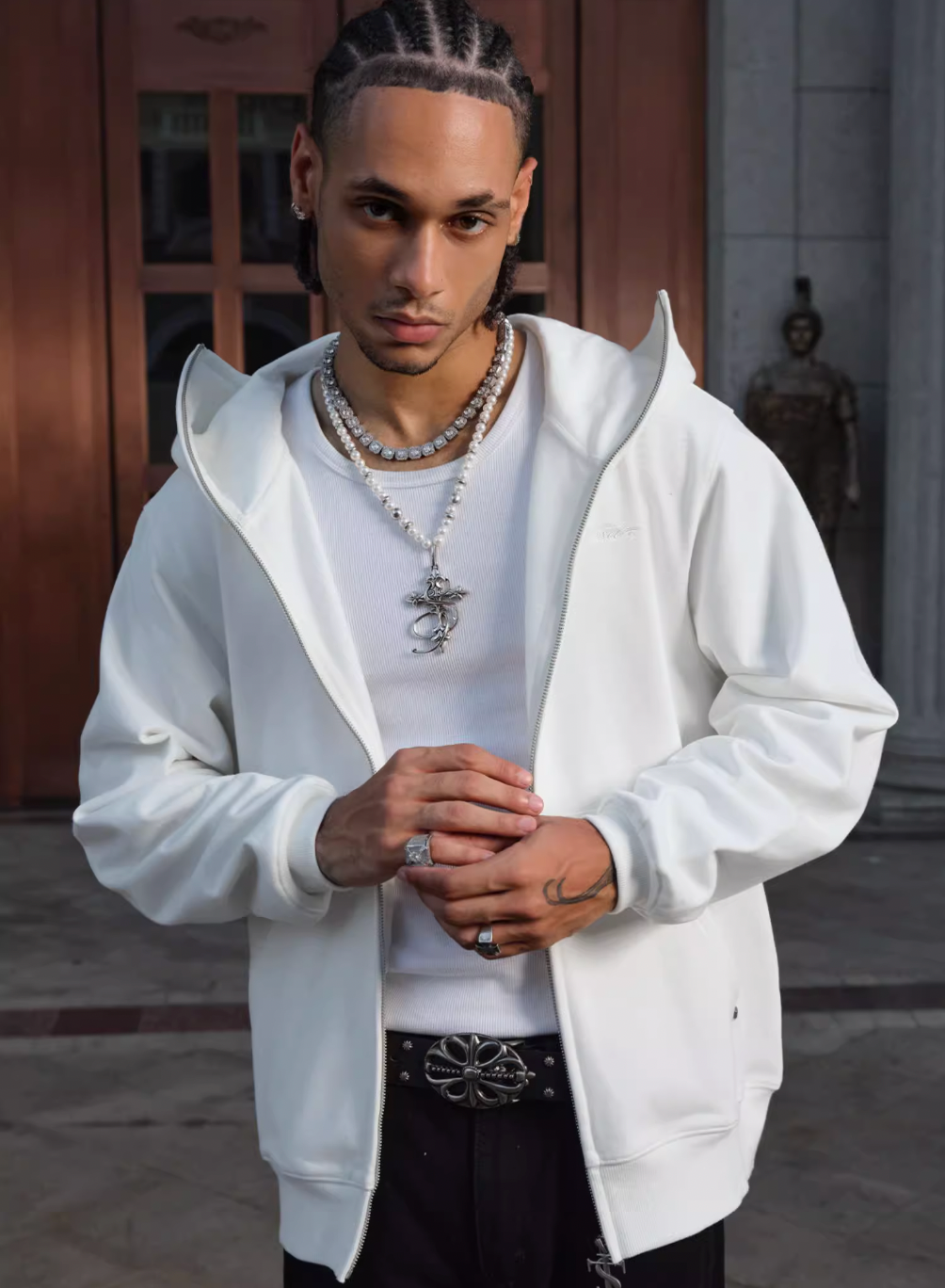 Small Town Kid Studded Cross Patch Zip Up Hoodie