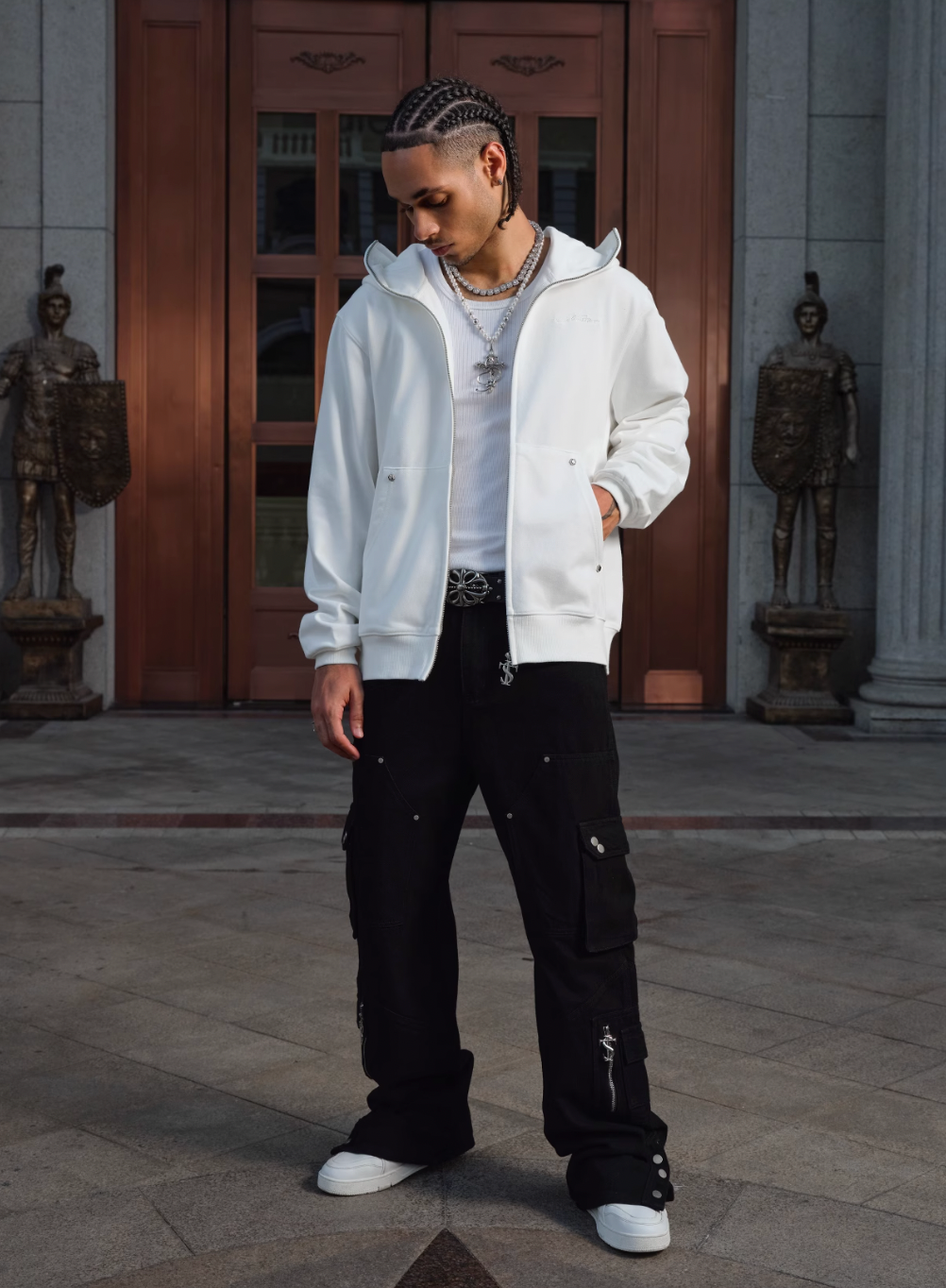 Small Town Kid Studded Cross Patch Zip Up Hoodie