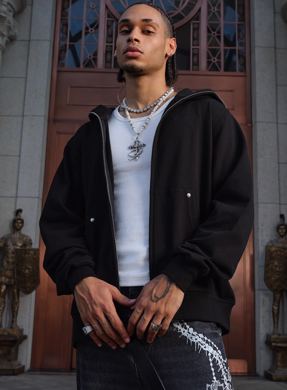 Small Town Kid Studded Cross Patch Zip Up Hoodie