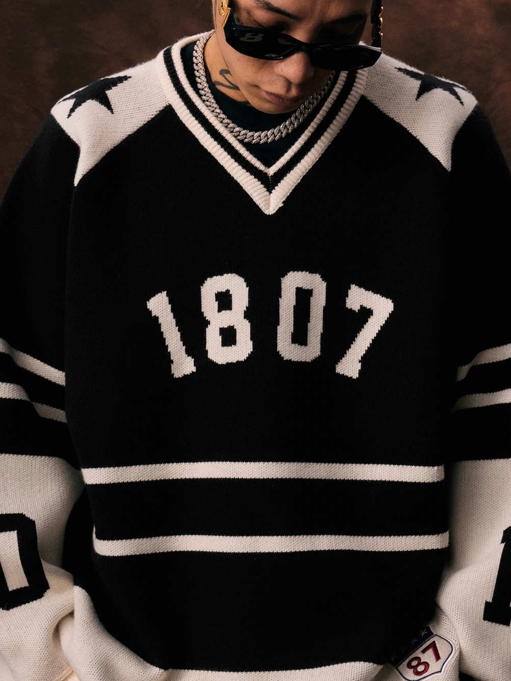 1807 Black & White Striped Hockey Jersey Knit Sweater
