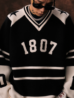 1807 Black & White Striped Hockey Jersey Knit Sweater