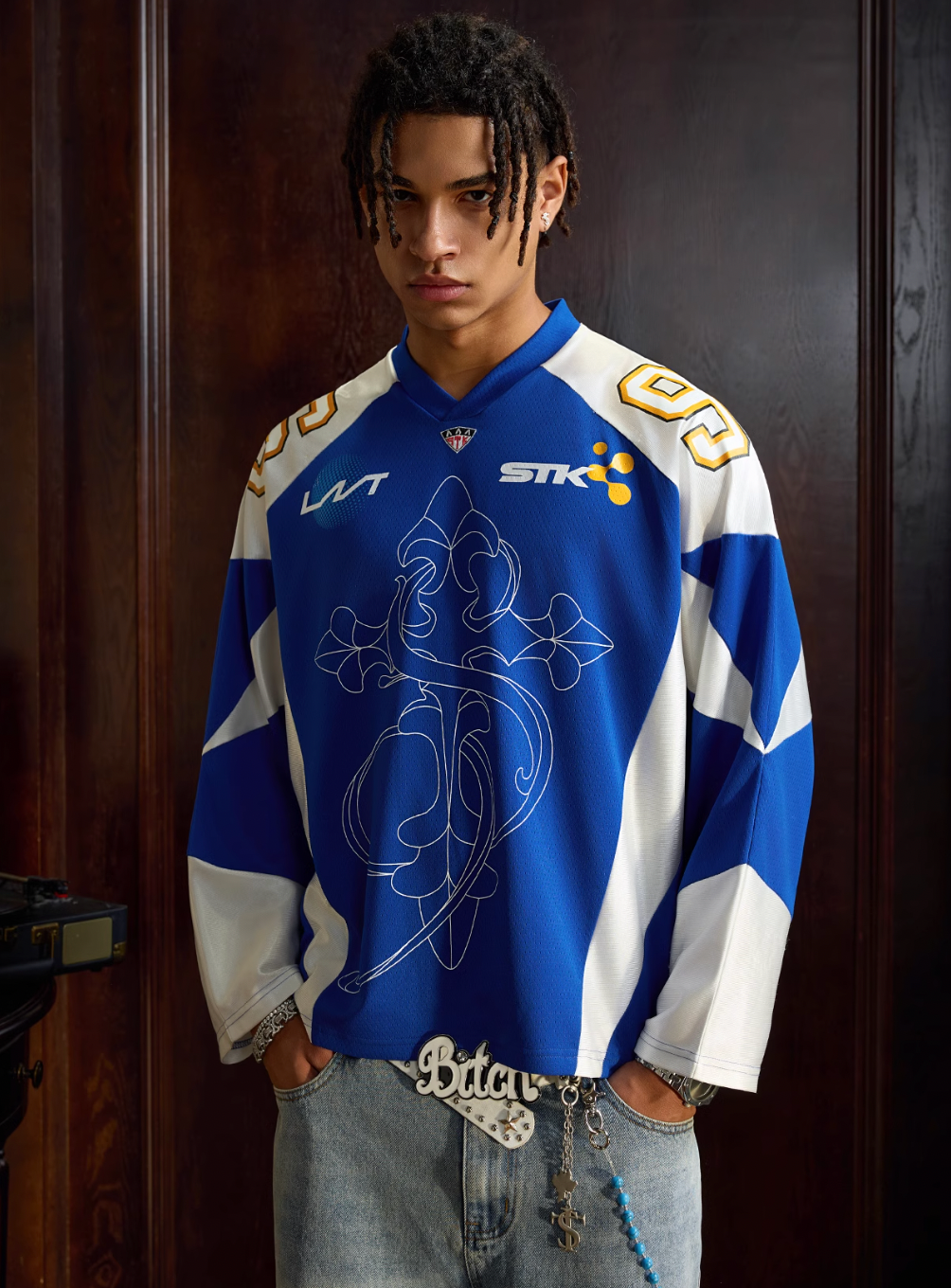 Small Town Kid Patchwork Mesh Long Sleeve Hockey Jersey