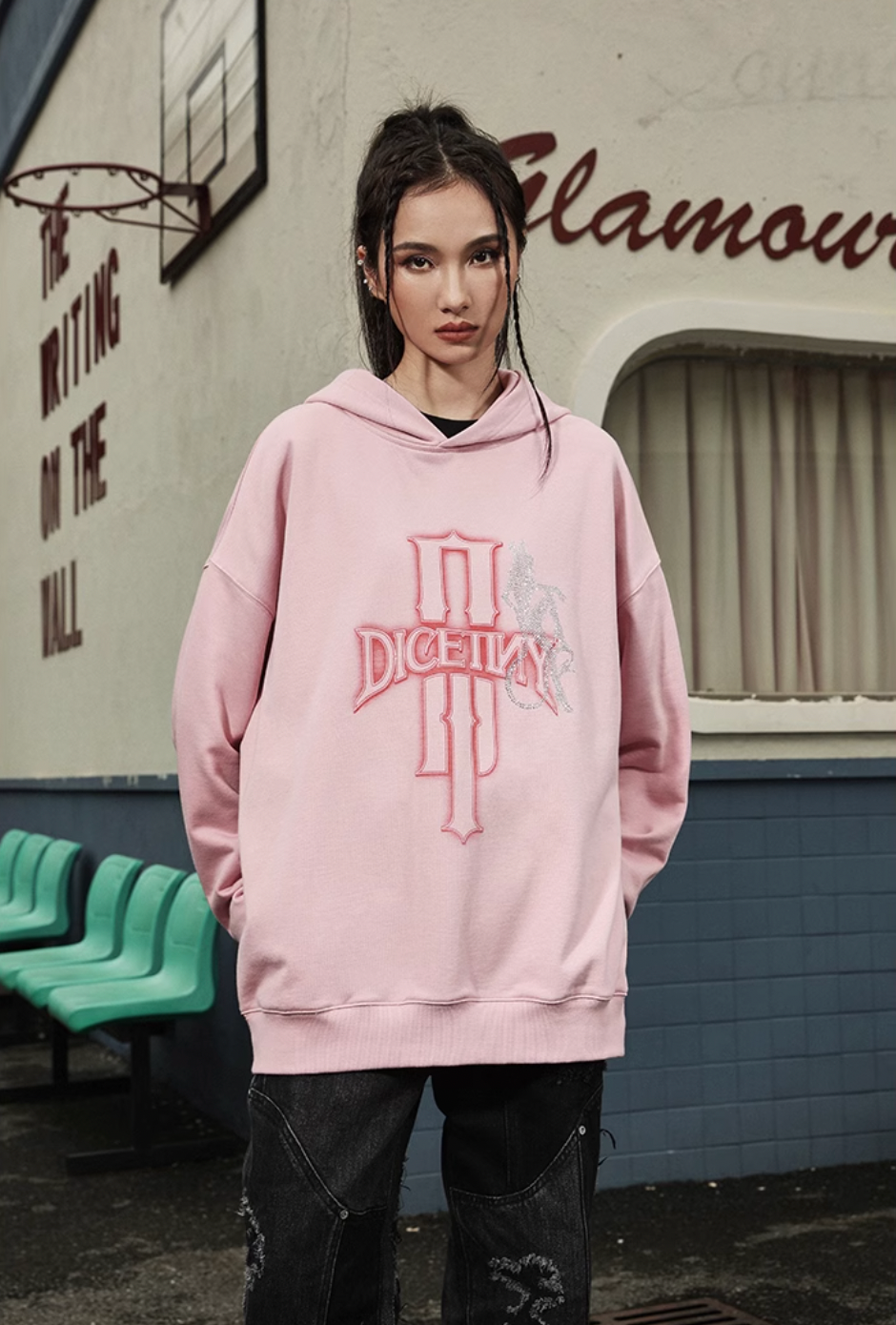 DICETINY Bunny Girl Pattern Rhinestone Hoodie