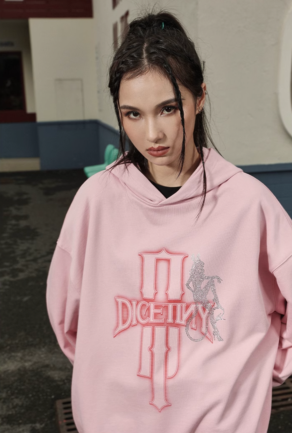 DICETINY Bunny Girl Pattern Rhinestone Hoodie