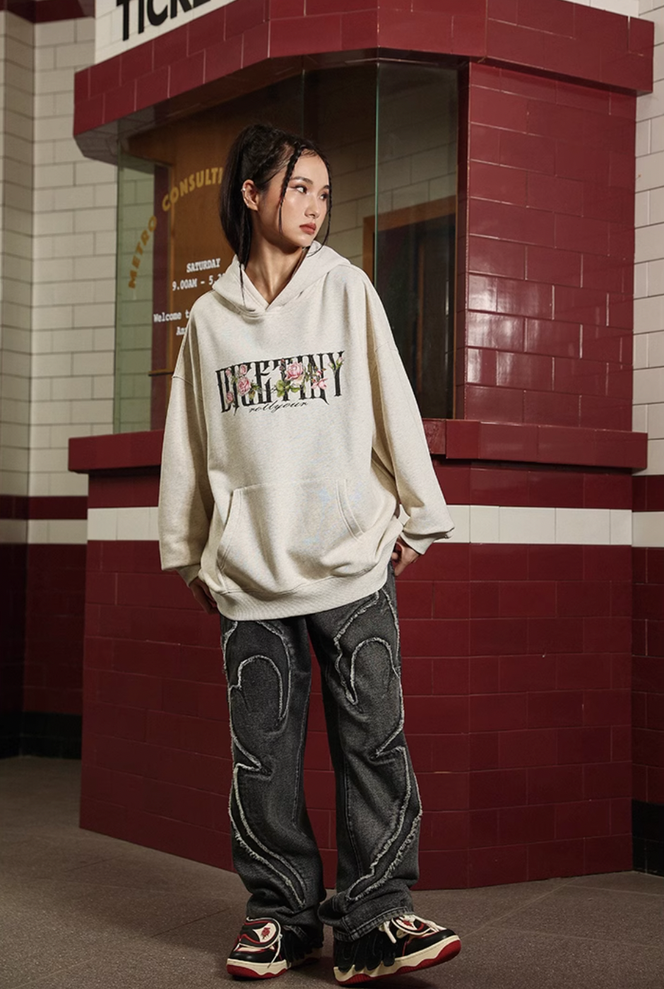 DICETINY Basic Logo Rose Floral Print Hoodie