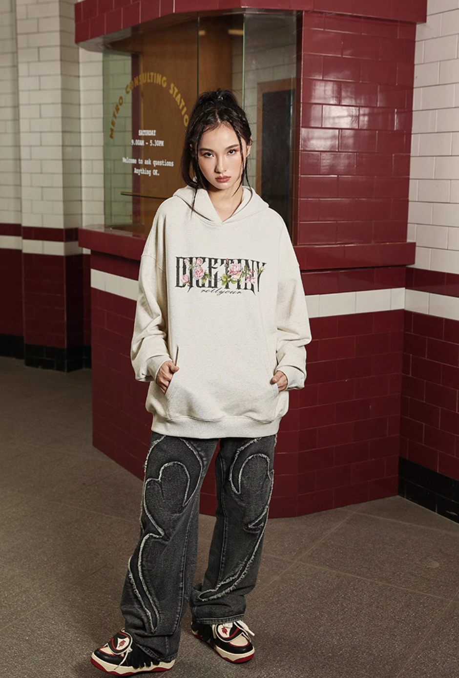 DICETINY Basic Logo Rose Floral Print Hoodie