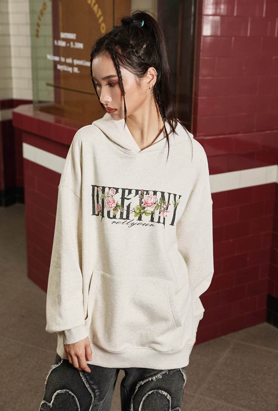 DICETINY Basic Logo Rose Floral Print Hoodie