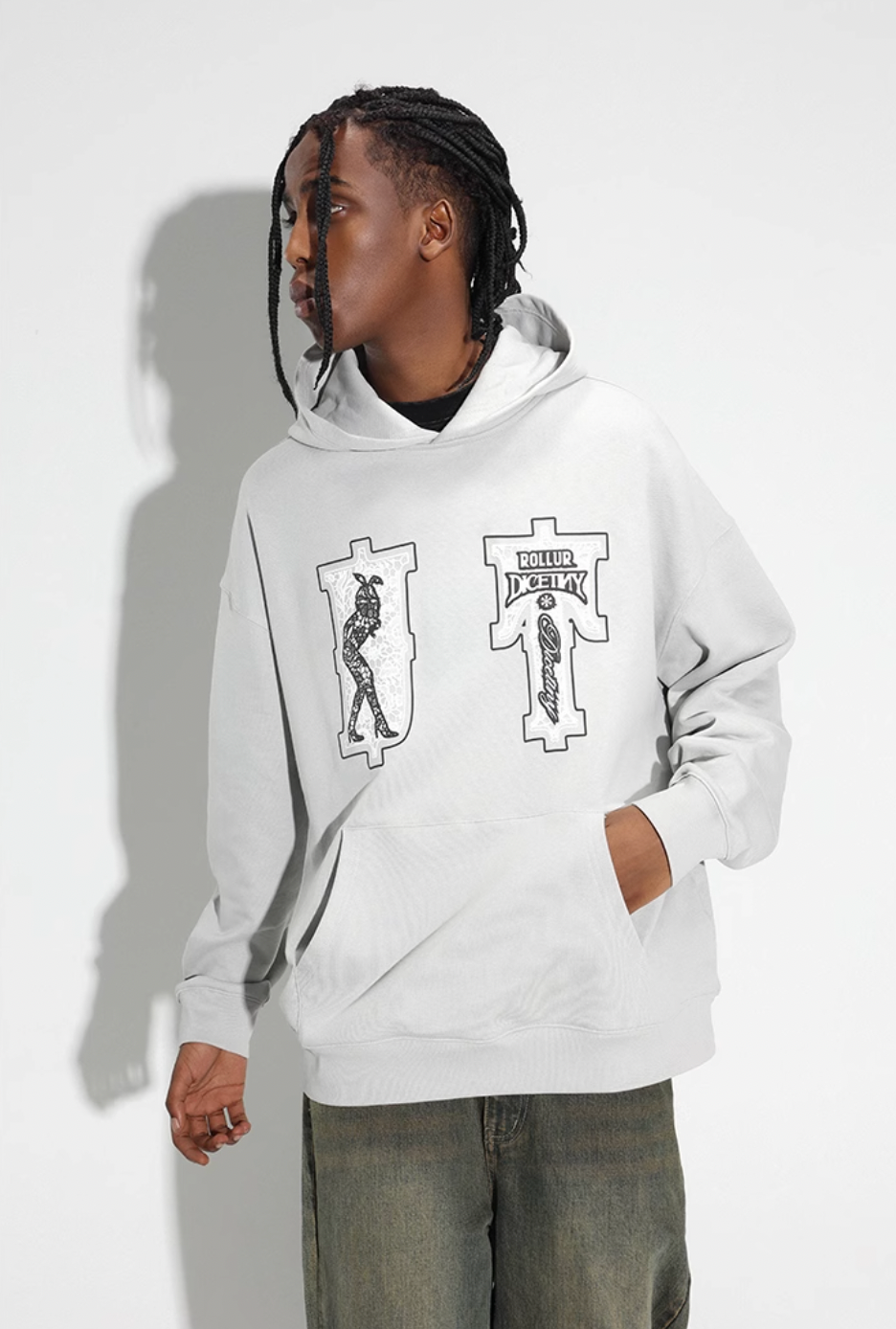 DICETINY Lace Bunny Girl Faux Embroidery Prints Hoodie