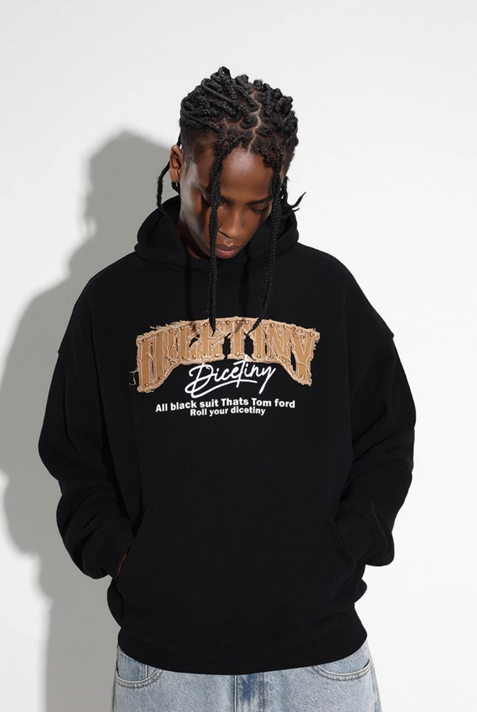 DICETINY Denim Patch Logo Studs Hoodie