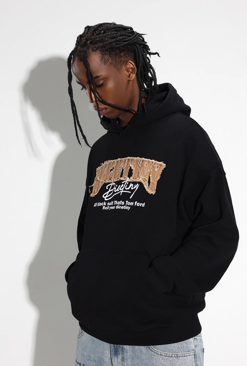 DICETINY Denim Patch Logo Studs Hoodie