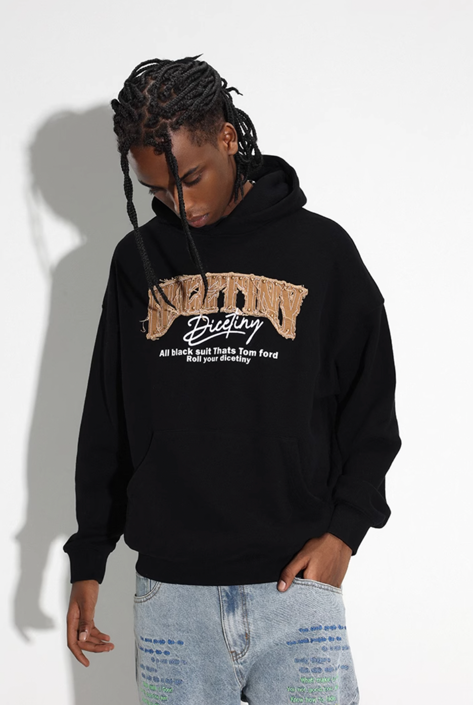 DICETINY Denim Patch Logo Studs Hoodie
