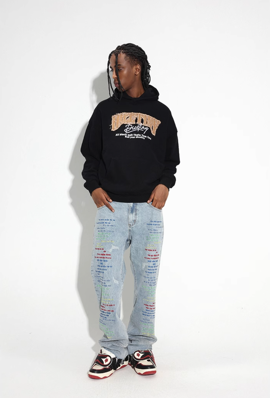 DICETINY Denim Patch Logo Studs Hoodie
