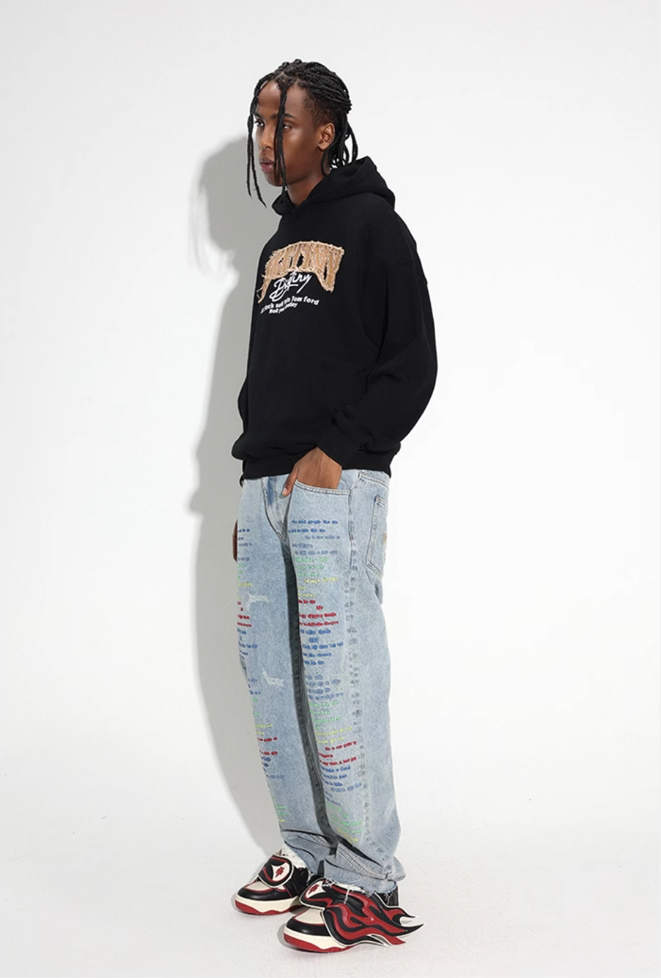 DICETINY Denim Patch Logo Studs Hoodie