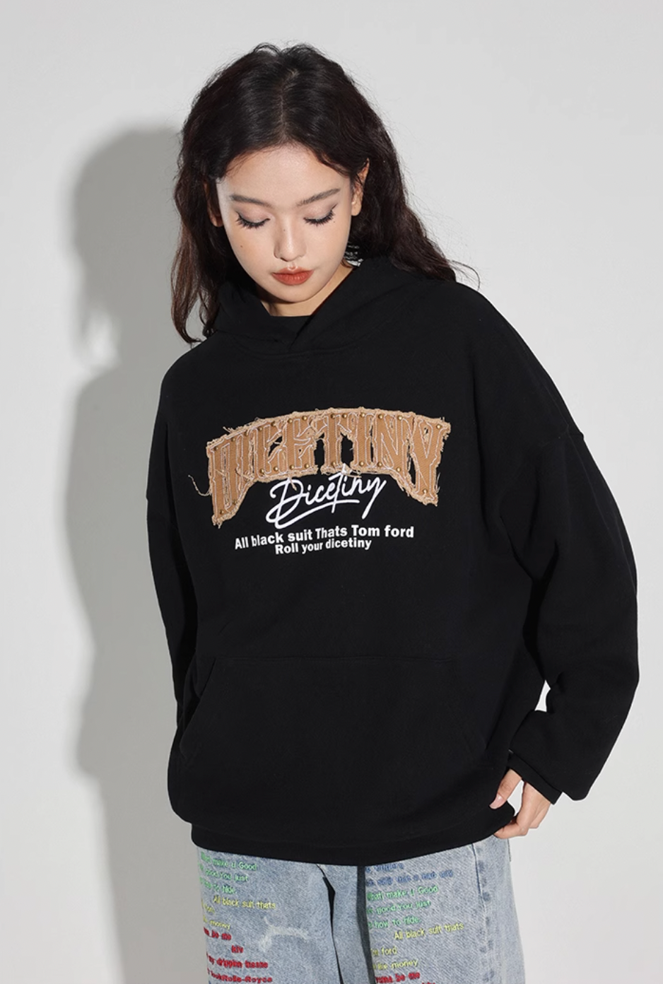 DICETINY Denim Patch Logo Studs Hoodie