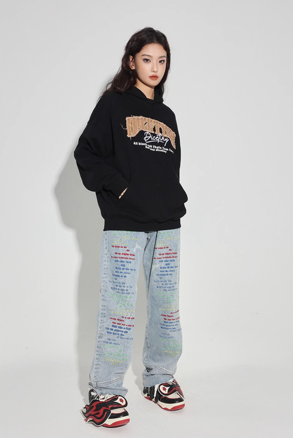 DICETINY Denim Patch Logo Studs Hoodie