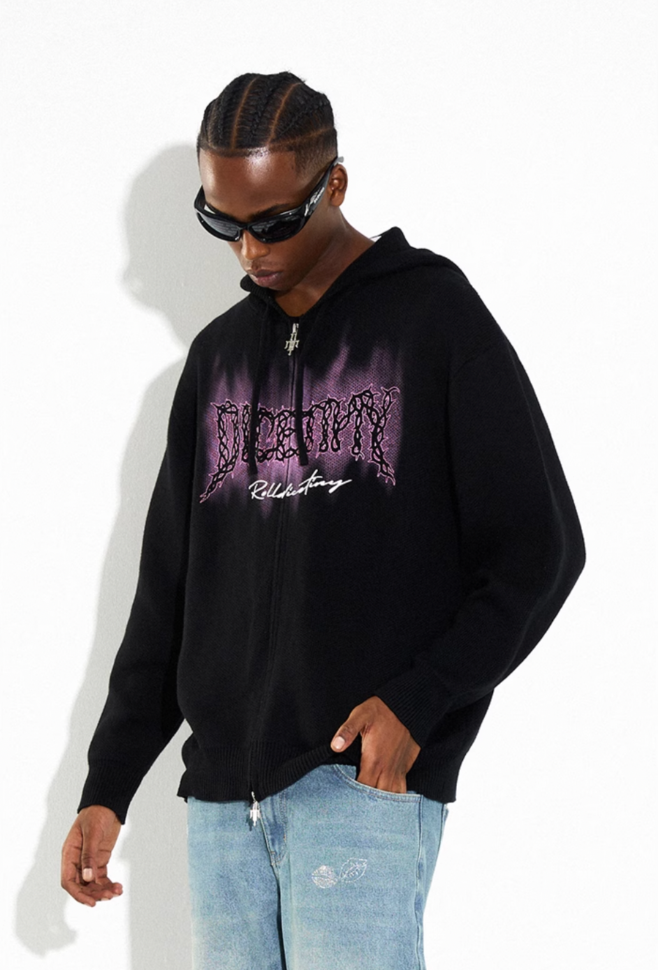 DICETINY Thorn Logo Print Zip Up Knit Hoodie