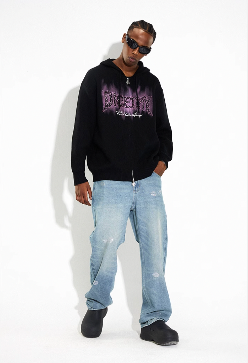 DICETINY Thorn Logo Print Zip Up Knit Hoodie