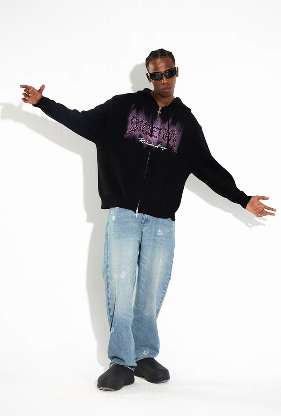 DICETINY Thorn Logo Print Zip Up Knit Hoodie