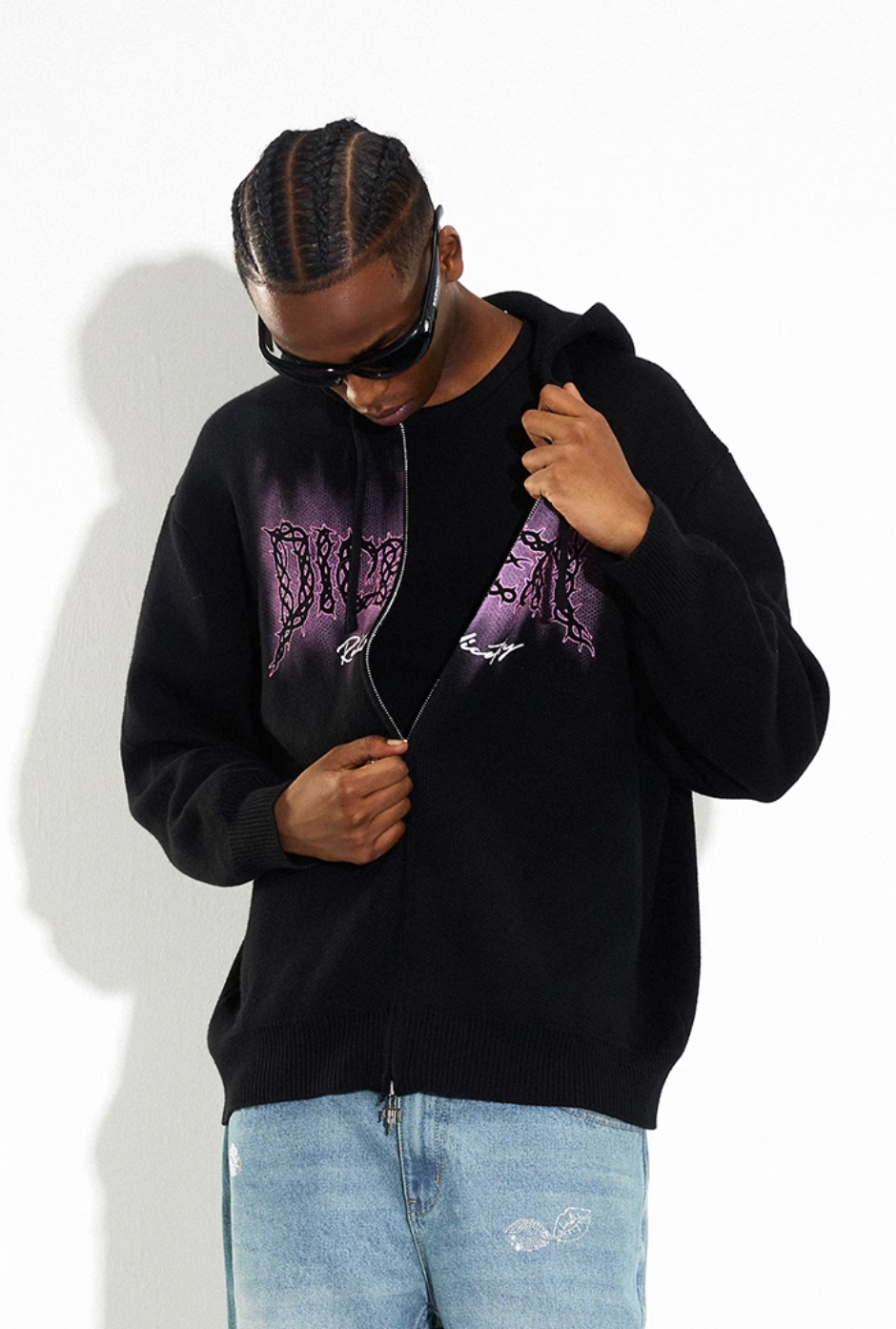 DICETINY Thorn Logo Print Zip Up Knit Hoodie
