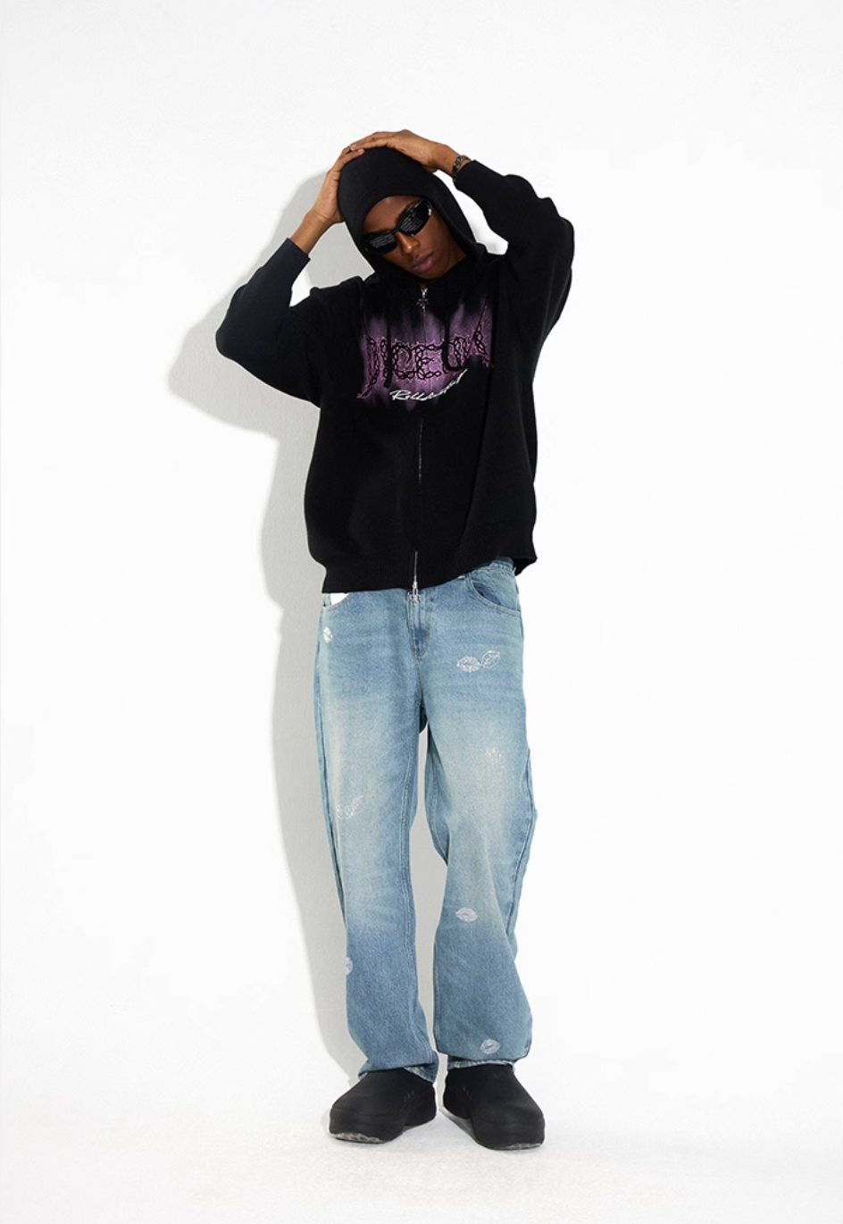DICETINY Thorn Logo Print Zip Up Knit Hoodie