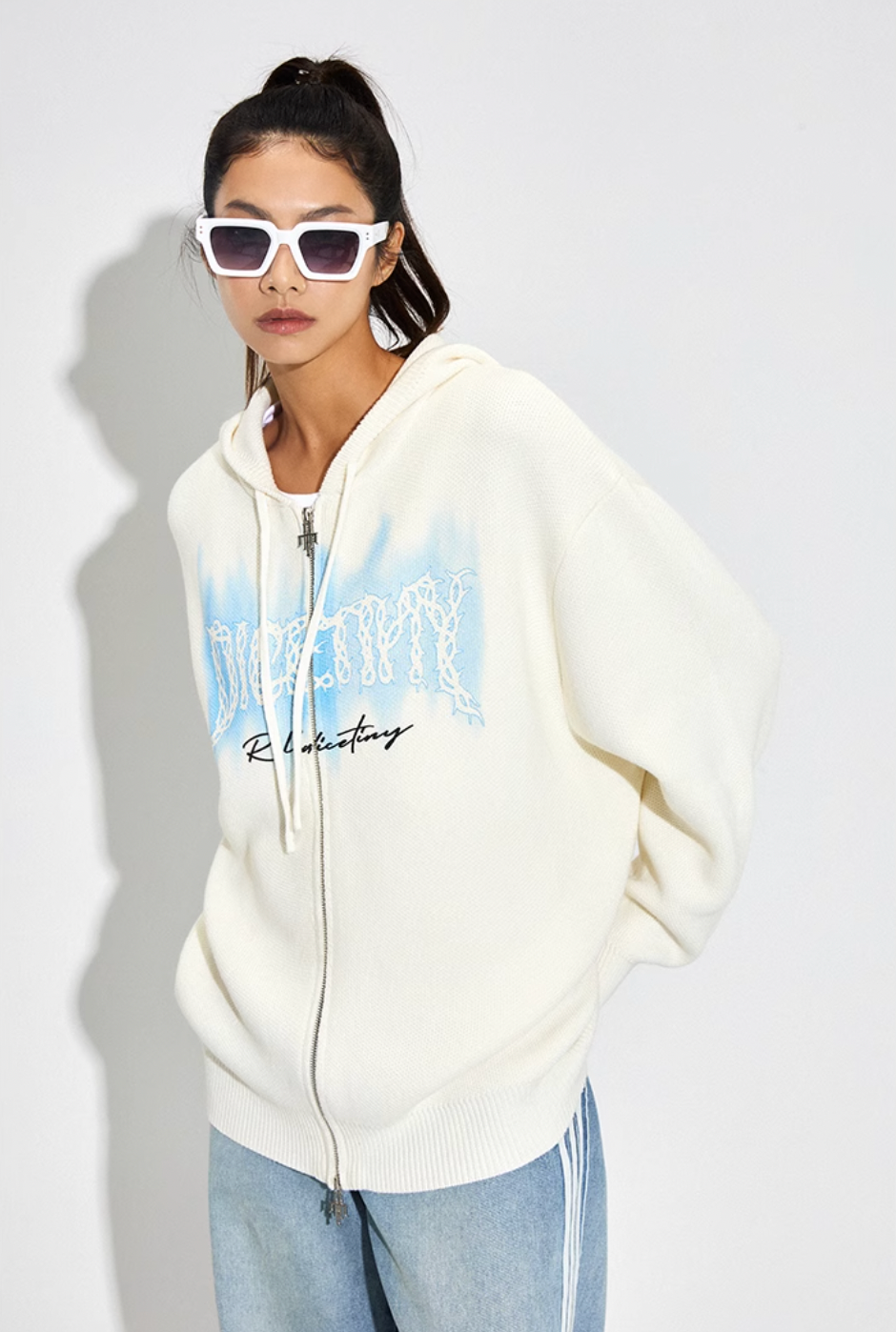 DICETINY Thorn Logo Print Zip Up Knit Hoodie