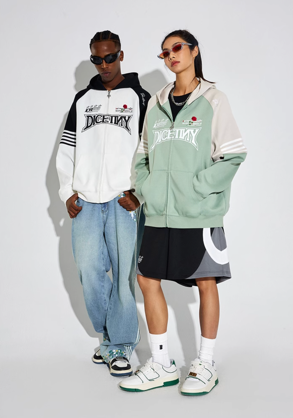 DICETINY Rose Embroidery Logo Printed Zip Up Hoodie