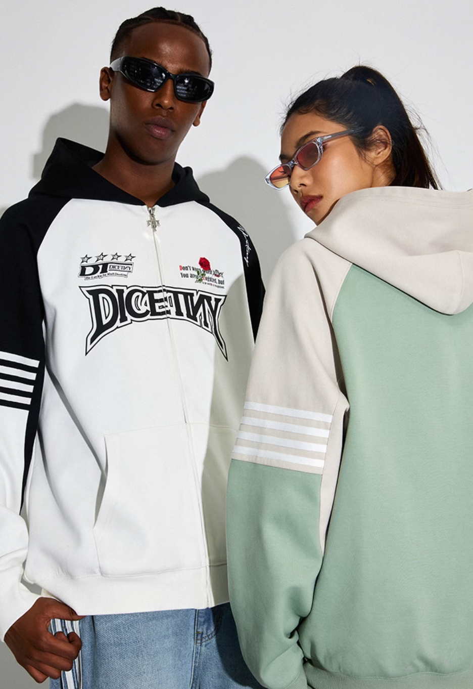 DICETINY Rose Embroidery Logo Printed Zip Up Hoodie
