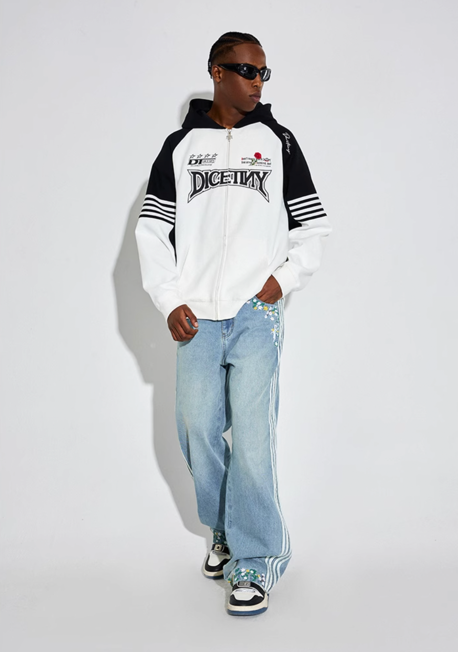 DICETINY Rose Embroidery Logo Printed Zip Up Hoodie